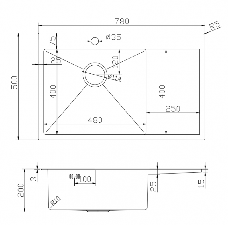 Мойка настол. монтаж 78х50 (3, 0) лев. вып 3 1/2 MIXLINE PRO с ФАСКОЙ 20см с сифоном (черный графит)