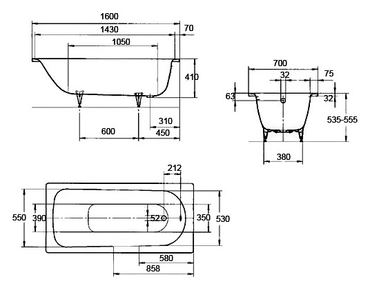 Ванна, серия SANIFORM PLUS Mod.362-1, размер 1600*700*410, Easy clean, alpine white, без ножек
