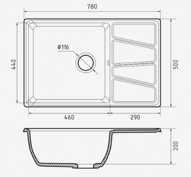 Мойка для кухни GranFest Композит VERTEX 780L чаша+крыло 780*500мм (V-780L песочный)