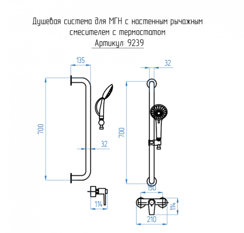 Душевая система для МГН с настенный рычажным смесителем с термостатом 9239