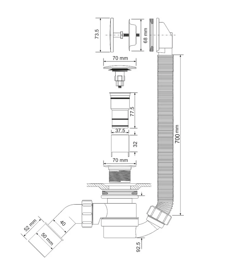 Сифон полуавтомат пластиковый (кнопка) с кол. (Lперелива=700мм) цвет - золото McALPINE MRB12-G