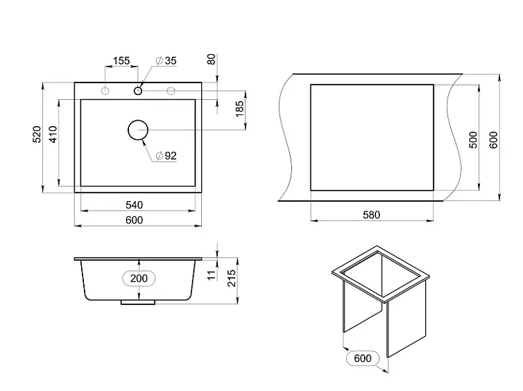 Мойка кухонная ГРАФИТ ЧЕРНО-СЕРЫЙ кварц 6001 Granula