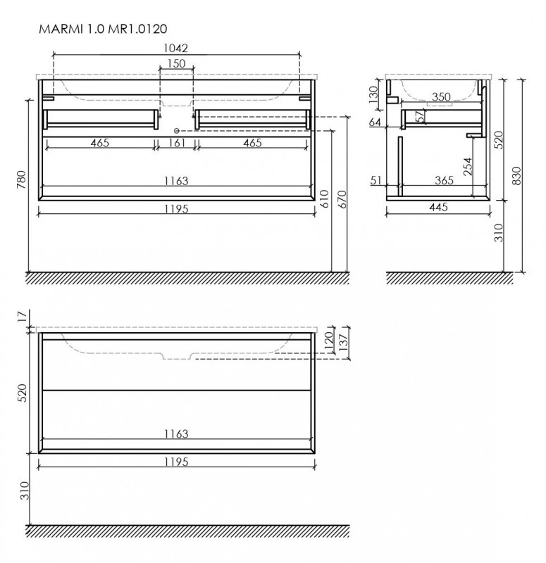Тумба подвесная SANCOS Marmi 1.0 1195х445х520 c ящиком оснащ доводч скрыт монт MR1.0120ECH
